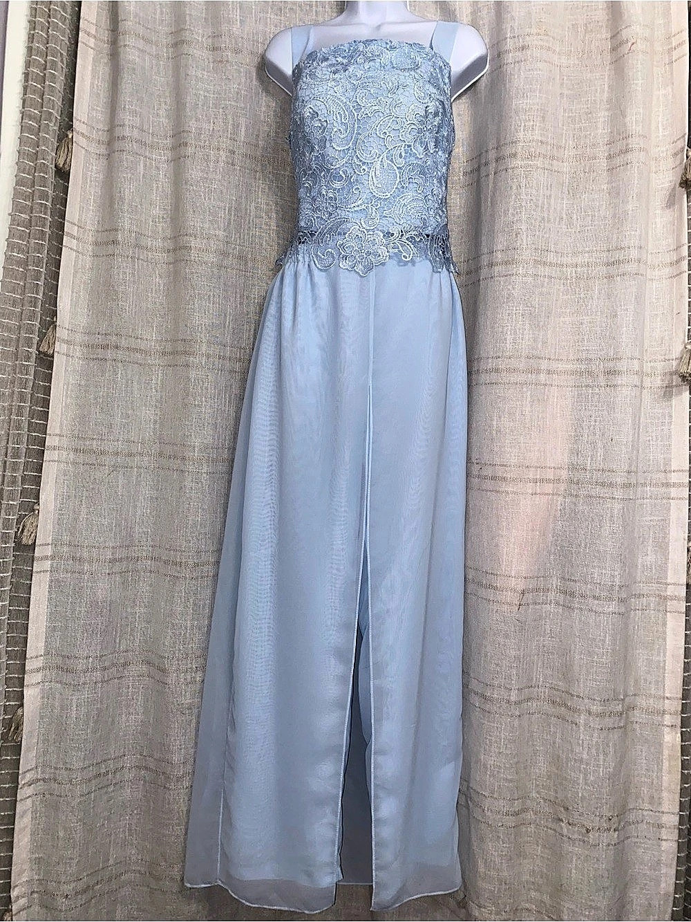 LanTing Bride Ice Blue Lace Chiffon 2 Piece Pantsuit Set Jumpsuit Wide Leg 2pc